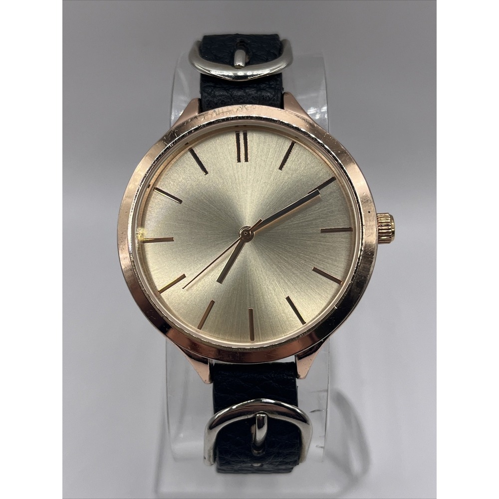 A New Day Women's Quartz Watch Rose Gold Case Black Band- New Battery